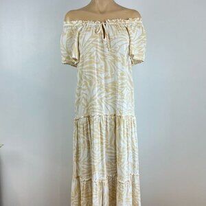 Patrons Of Peace Dress Size M Maxi Ruffle Tier Tie Neck Off Shoulder Tan White
